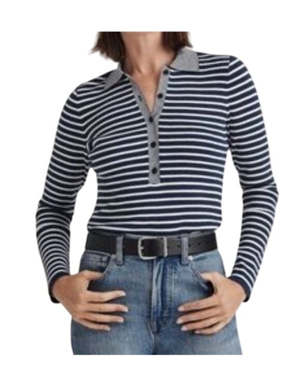 Madewell Signature Knit Striped Polo Sweater Top Navy & White Long Sleeve size M